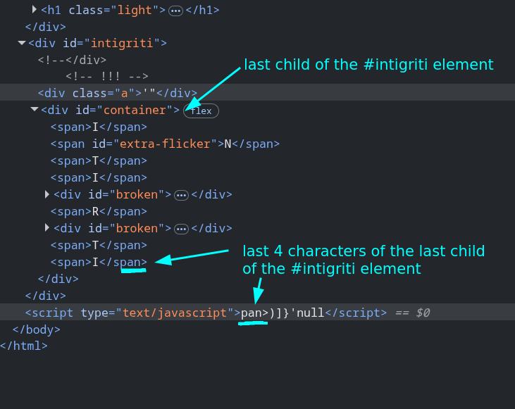 a script tag being injected with the last 4 characters of the last child of the intigriti element